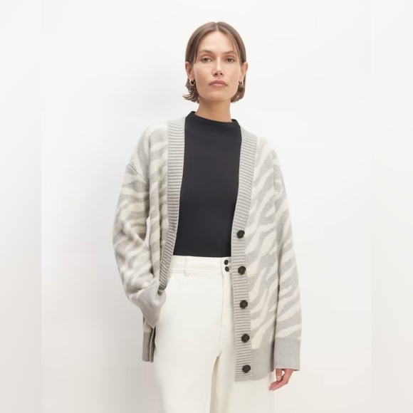 Everlane The Alpaca Tiger Jacquard Cardigan in HEATHERED GREY‎ / SNOW XS - Picture 1 of 11